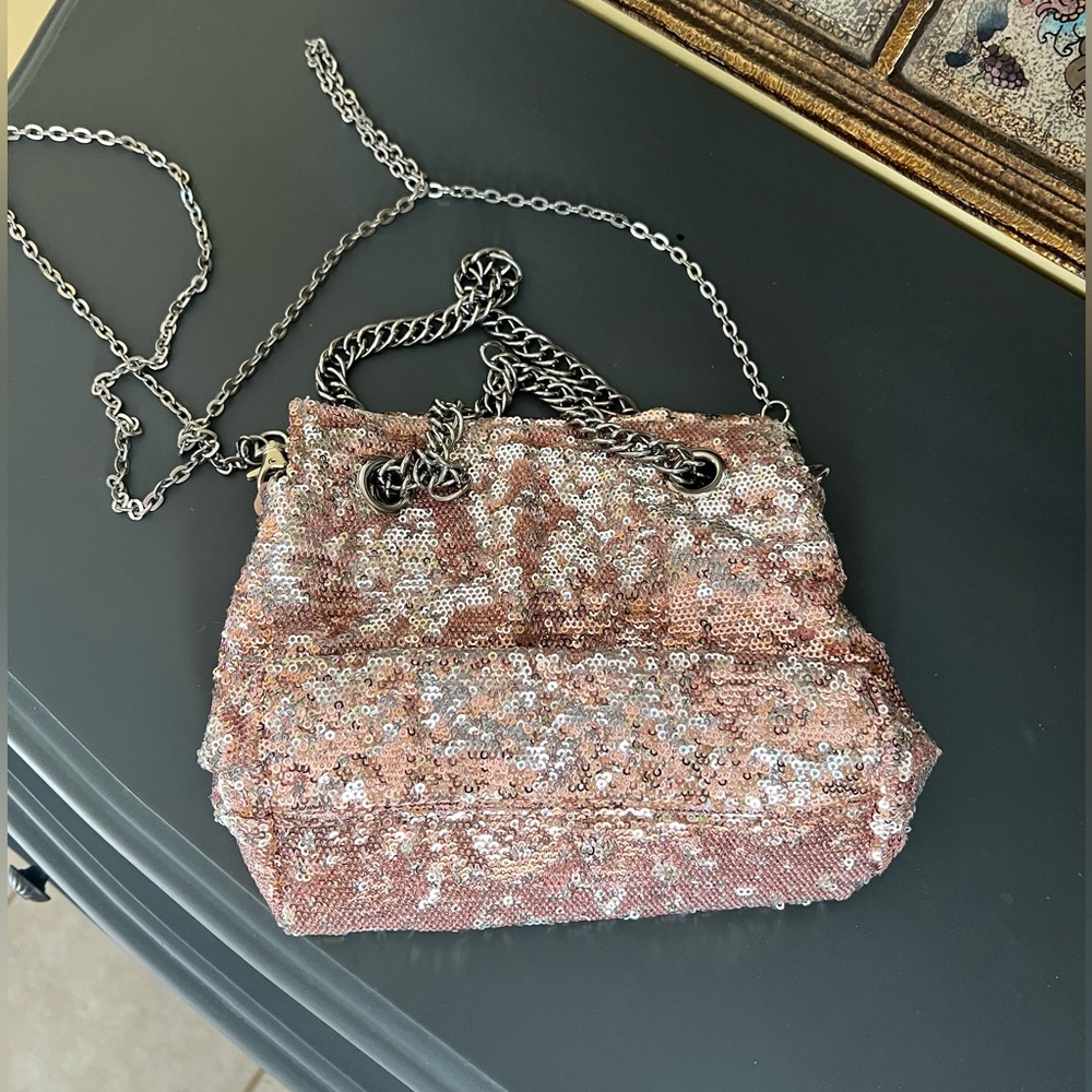 BCBG Pink Sequin Shoulder Bucket Bag Fashion dual silver Chain Crossbody Bag